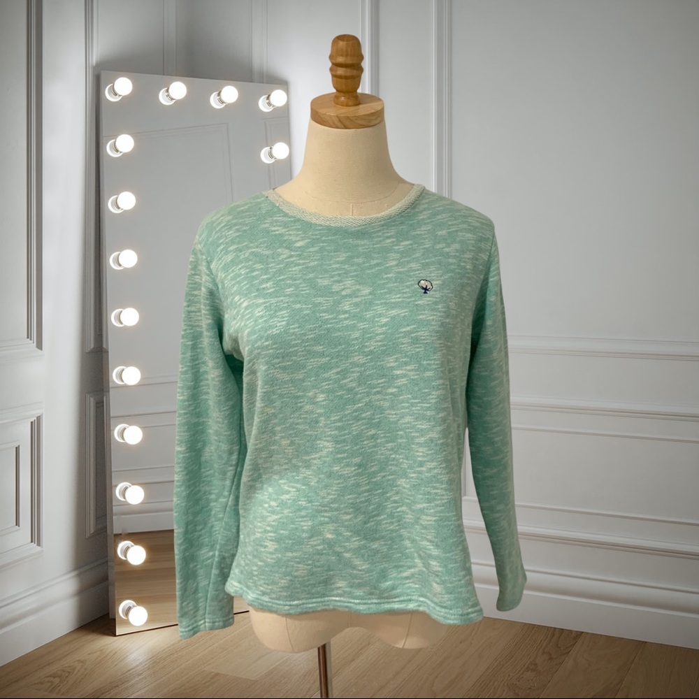 Vintage Southern Shirt Crew Neck Woven Pullover Sweater Long Sleeves Green White - Picture 1 of 9